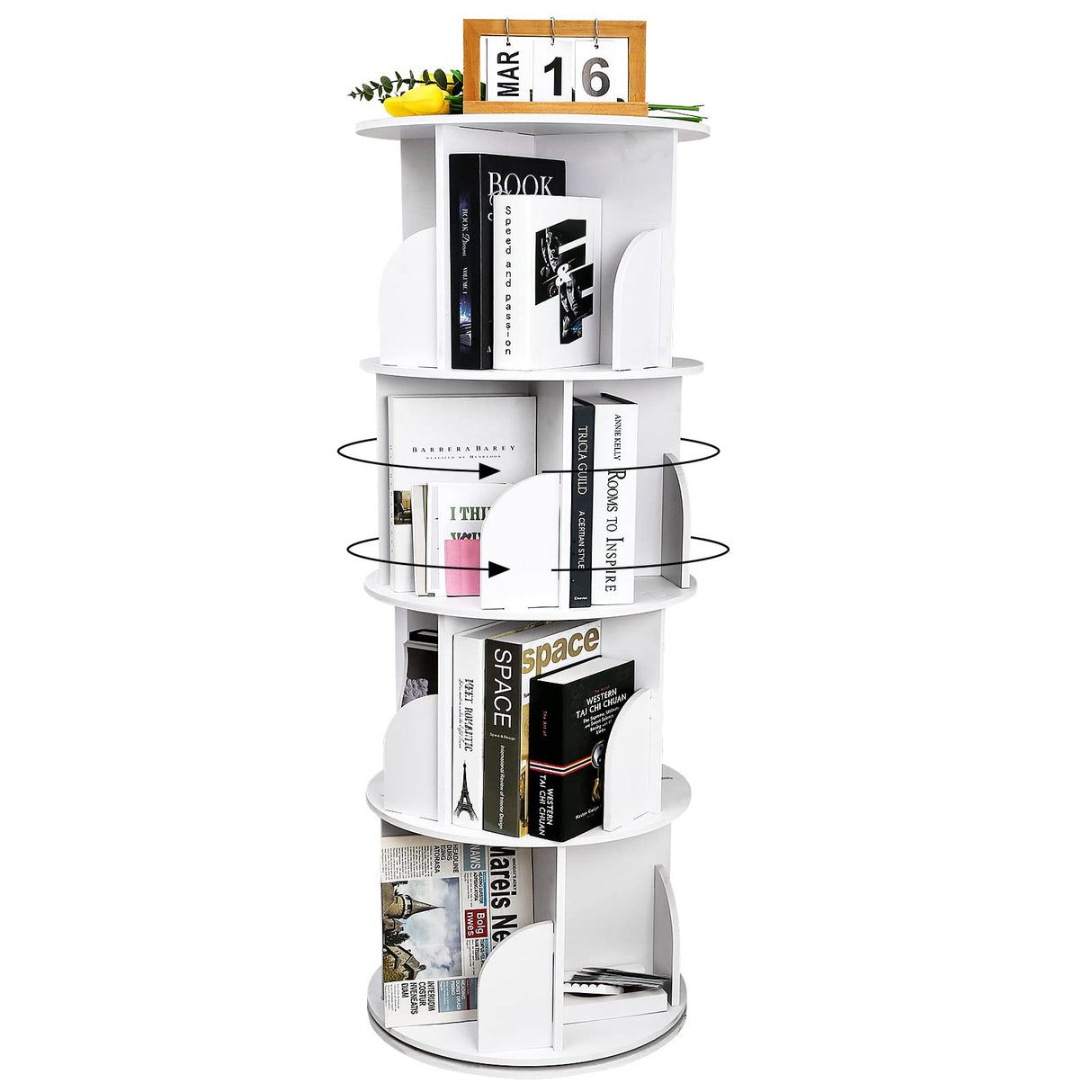 YGYQZ 4-Tier 360° Rotating Bookshelf - Stylish White Storage Rack for Small Spaces YGYQZ