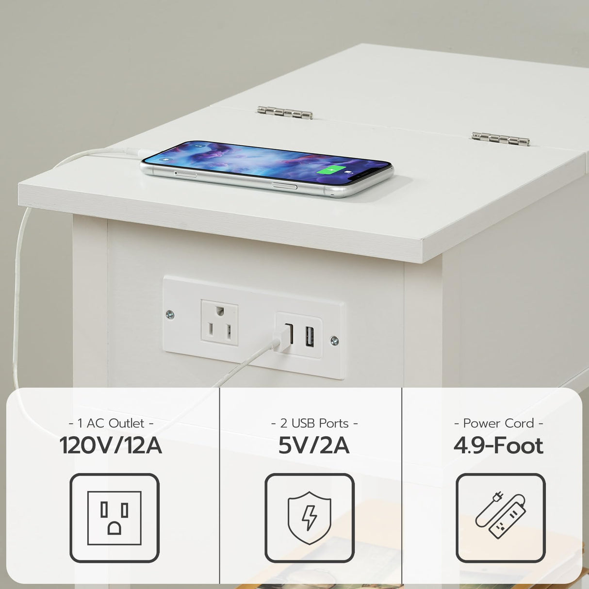 HOOBRO End Table with Charging Station, Flip Top Side Table with USB Ports, Narrow Nightstand Bedside Tables with Storage Shelves, for Small Space, Living Room, White WT141UBZ01 HOOBRO