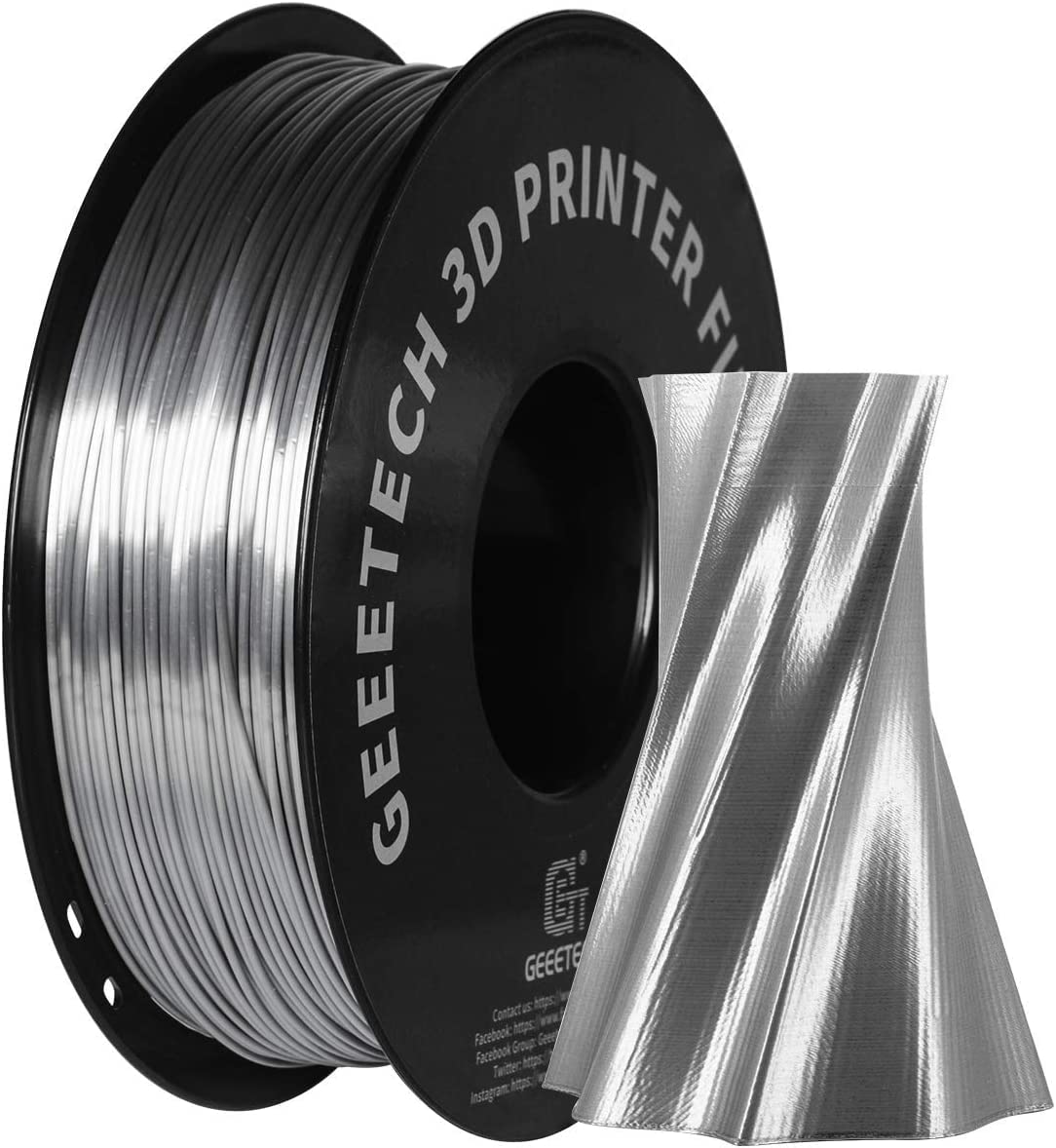 Geeetech Silk PLA Filament 1.75mm for 3D Printer, Metal-Like Shiny Consumable 1kg (2.2lbs) 1 Spool, Dimensional Accuracy +/- 0.03 mm,Metallic Silver Geeetech