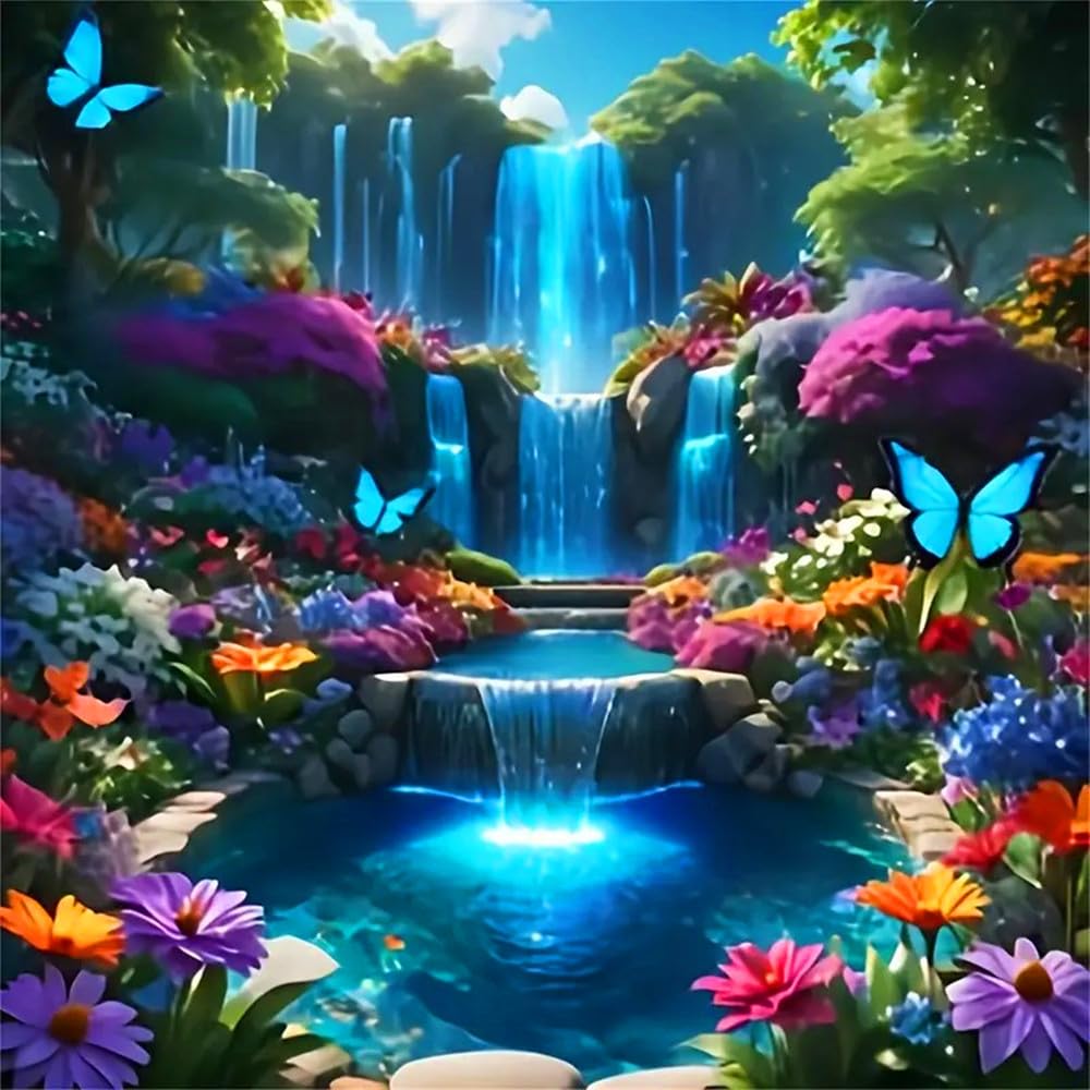 MMAHD 5D Diamond Painting Kit, Enchanted Waterfall Garden with Blue Butterflies, Full Drill Crystal Rhinestone Embroidery Art, Nature Scene (Landscape) MMAHD