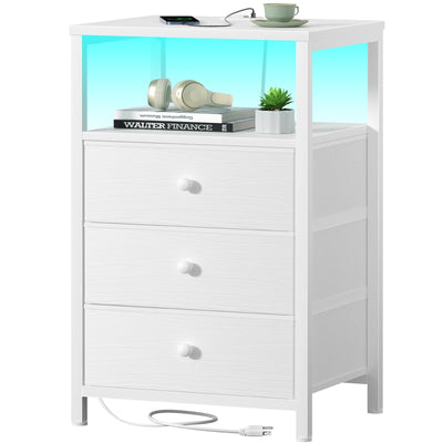 BOLUO White Night Stand with 3 Fabric Drawers, Nightstand with Charging Station LED Nightstand for Bedroom, Bedside Table with USB Ports and Outlets Modern