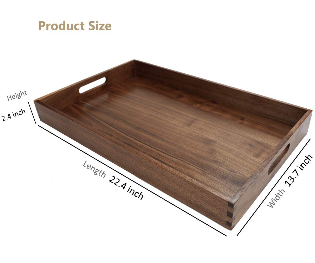 MAGIGO 22 x 14 Inches Large Rectangle Black Walnut Wood Ottoman Tray with Handles, Serve Tea, Coffee, Classic Wooden Decorative Serving Tray MAGIGO
