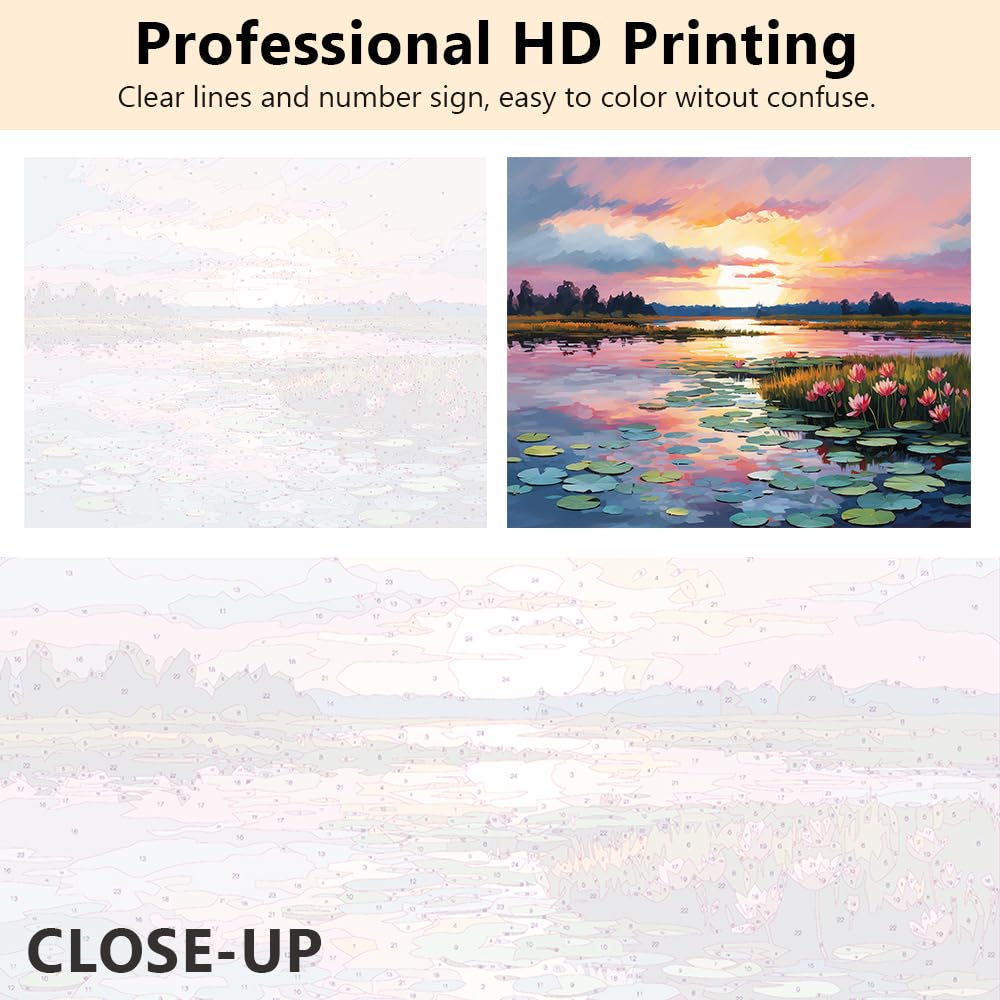 Paint by Numbers Kit for Adults Sunset Lake Landscape Painting DIY Art with 16x20 Inch Canvas Acrylic Paints and Brushes Impressionist Style Scenery Relaxing Hobby Gift Idea TUMOVO