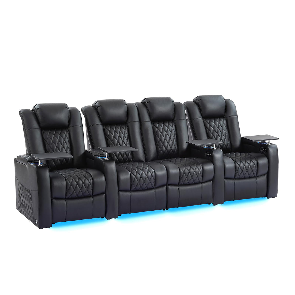 comfiroom Home Theater Seating Classic Series Top Grain Nappa Leather Loveseat Recliner Chair Dual Power Movie Theater Chairs Electric Headrest with Tray Table (Black, Row of 4 Loveseat Middle) comfiroom
