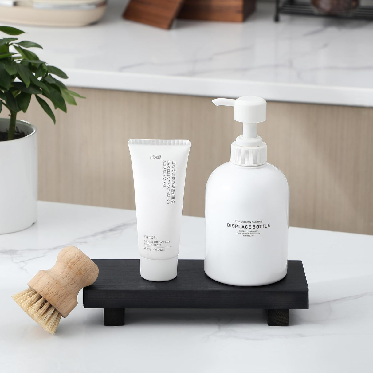 Bathroom Counter Organizer Wood Pedestal Stand Farmhouse Decorative Tray Soap Holder for Kitchen Decor, Small, Black zoocatia