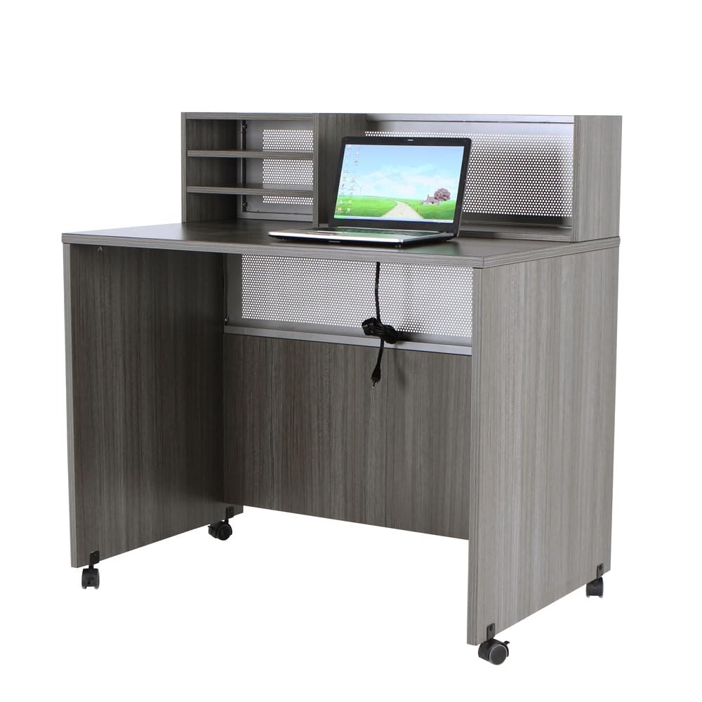 nbf signature series Modern Reception Desk - at Work Mobile Standing Height Checkout Counter Station - 48" W x 30" D Gray Laminate for Front Desk Use and Reception Counter nbf signature series