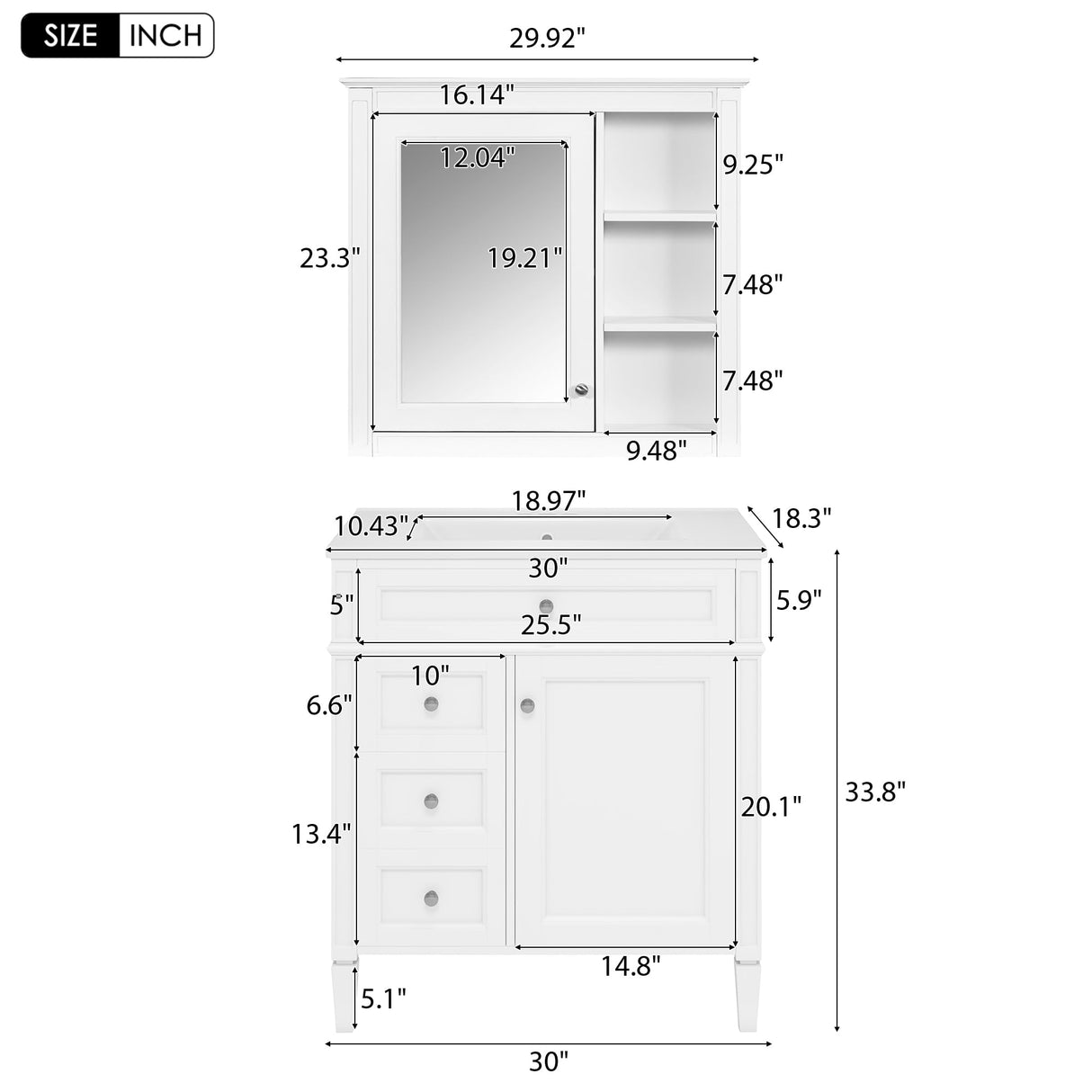 Marzzi 30" Bathroom Vanity Set with Matching Mirror Cabinet, Modern Single Sink Bathroom Vanity with Storage Cabinet, 2 Drawers & Tip-Out Drawer, Medicine Cabinet, Solid Wood Frame Marzzi