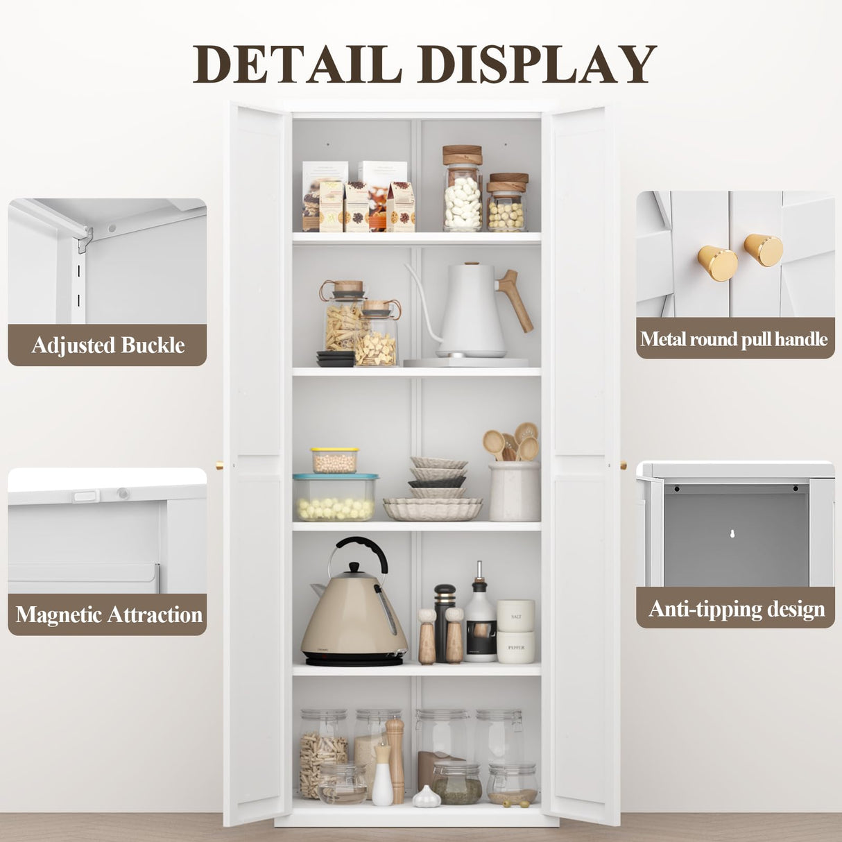 FATIGOS 71" H Kitchen Pantry Storage Cabinet, Metal Food Pantry Cabinets with Doors and Adjustable Shelves, White Kitchen Storage Cabinet, Cupboard for Dining Room, Living Room and Bathroom FATIGOS