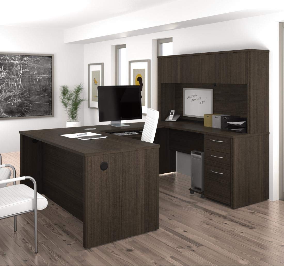 Bestar Embassy 66W U-Shaped Executive Desk with Pedestal and Hutch in Dark Chocolate Bestar