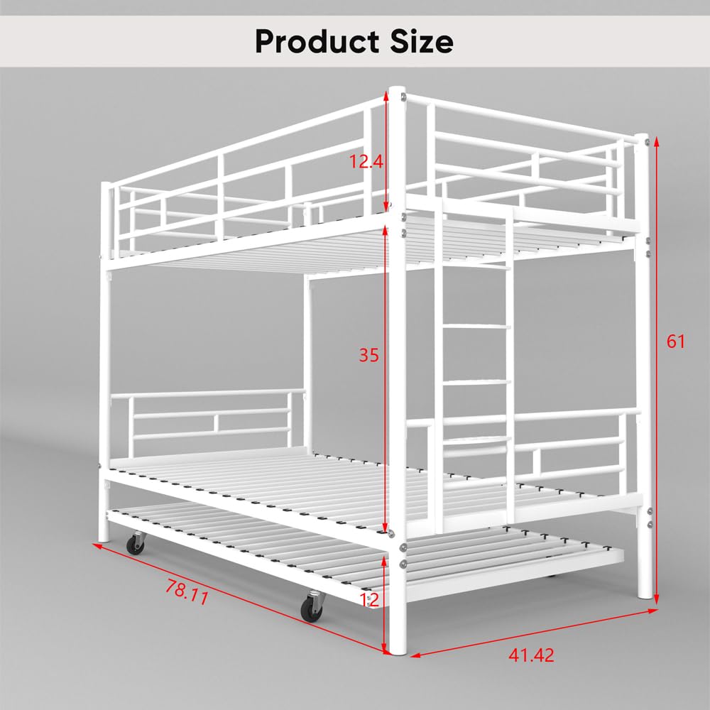 HomJoones Metal Bunk Bed Frame,Twin Over Twin Metal Bunk Bed with Trundle Heavy Duty Twin Size Metal Bunk Beds Frame with 2 Side Ladders Convertible Bunkbed,No Box Spring Needed (White) HomJoones