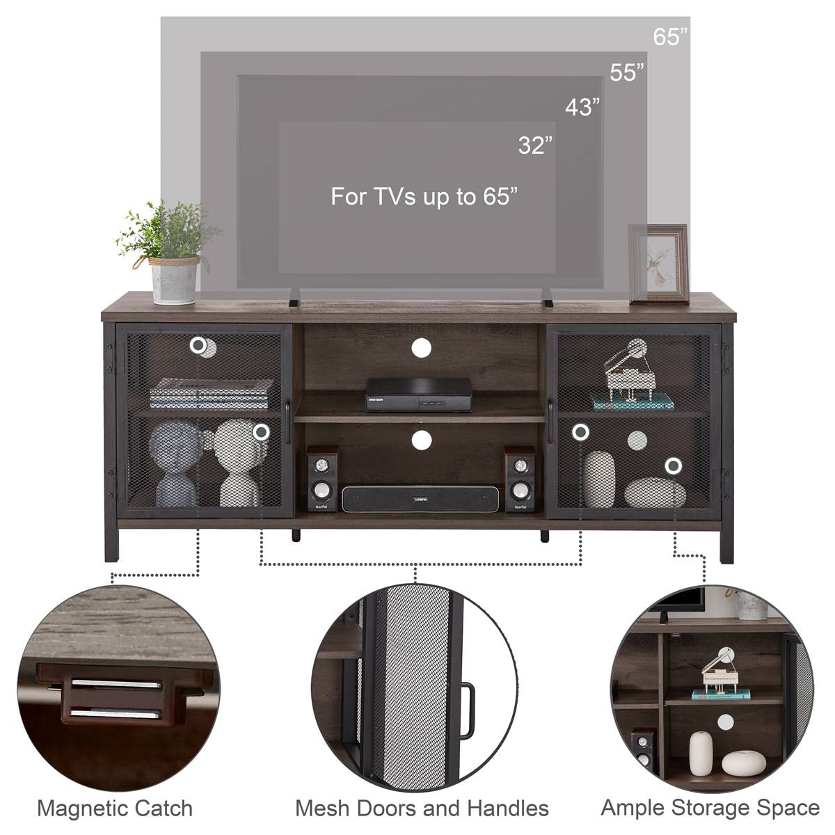 FATORRI Industrial Entertainment Center for TVs up to 65 Inch, Rustic Wood TV Stand, Large TV Console and TV Cabinet for Living Room (60 Inch Wide, Walnut Brown) FATORRI