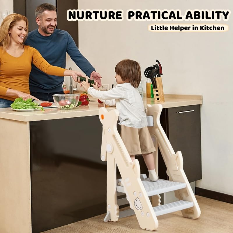 Toddler Kitchen Step Stool, Foldable Toddler Standing Tower for Toddler Kitchen Stool Helper - Adjustable Height Toddler Kitchen Stool, Removable Anti-Drop Railing Safety Rail HAPPYMATY