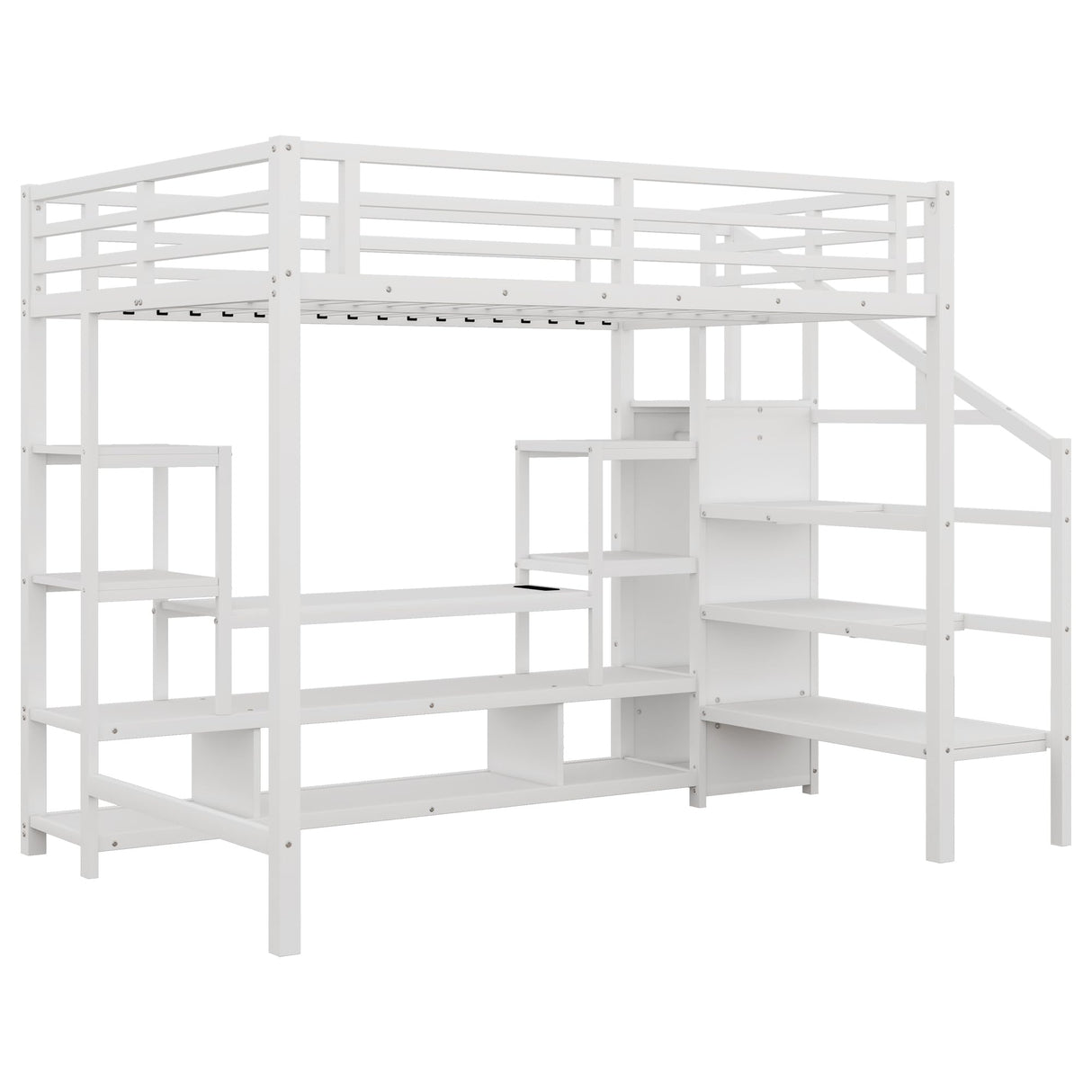 Full Size Loft Bed with LED Light & TV Table, High Loft Beds with Charging Station & Storage Bookcase, Wardrobe, Heavy-Duty Metal Lofts Frame with Stairs for Kids, Teens & Adults Dorms, White Mirightone