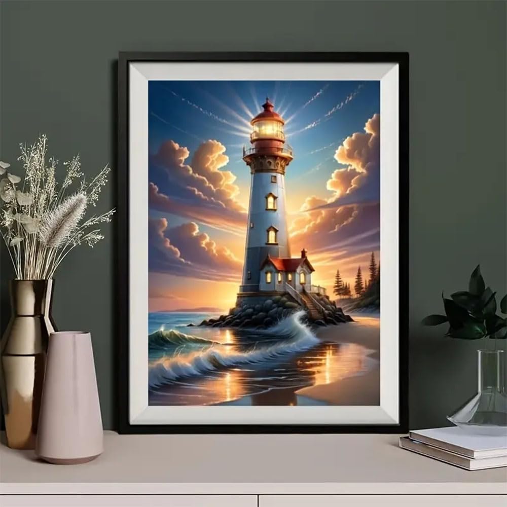 Diosedyer Lighthouse Sunset Diamond Painting Kit 5D DIY Diamond Painting Kit Full Round Ideal for Christmas & Halloween Decor, Perfect for Bedroom, Living Room Wall Art 11.8x15.7inch Diosedyer