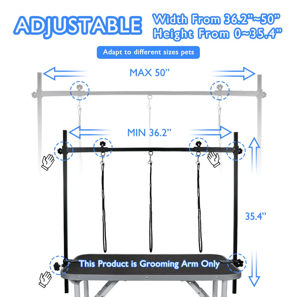 LEIBOU H-Shape Dog Grooming Arm Pet Supplies Grooming Table Arm with 3 Noose and Clamp Heavy Duty Aluminum Alloy Frame with 35.4” Adjustable Height and 36.2” ~ 50” Adjustable Width Dog Grooming Kit LEIBOU