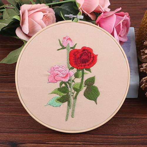 Embroidery Starter Kits with Rose Pattern and Instructions, Plastic Embroidery Hoops,Threader,Color Threads and Needles,Embroidery Kit for Beginners(N1074)