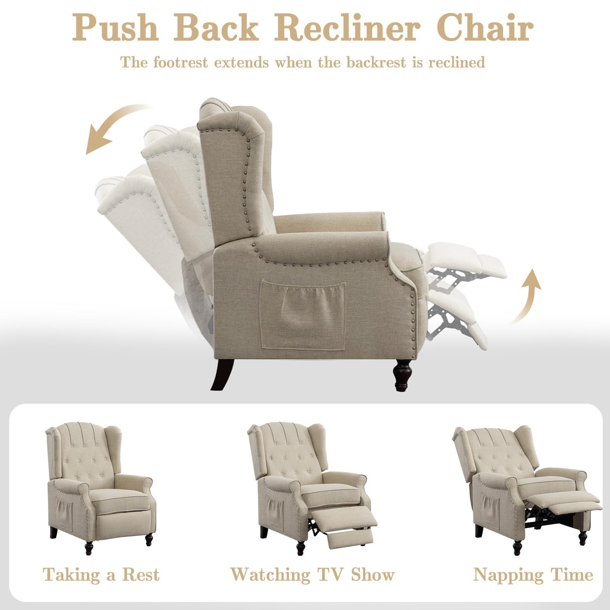 SENIFIS Pushback Recliner Chair, Linen Elizabeth Tufted Armchair Accent Chair with Massage &Heat, Mid Century Modern Wingback Single Sofa Chairs for Living Room, Small Space, Home Theater (White) SENIFIS