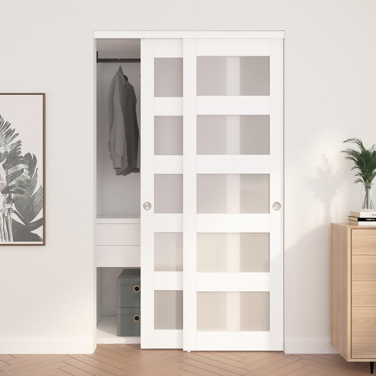 JUBEST Sliding Closet Door 48"(Double 25") x 80", 5-Lite Frosted Glass Bypass Door with Hardware Kit & Matching Fascia, Pre-Drilled MDF Wood Slab with Water-Proof PVC Surface, Easy to Install, White JUBEST