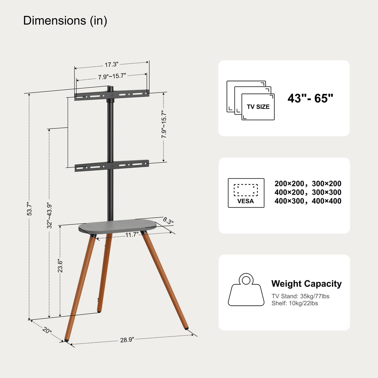 ECOTINY Tripod Easel TV Stand for 40 to 65 Inch LCD LED OLED Screen, Height Adjustable and Swievel TV Stand, Portable Corner TV Floor Stand with Wooden Tray, VESA 400x400mm, Minimalist Black Walnut ECOTINY