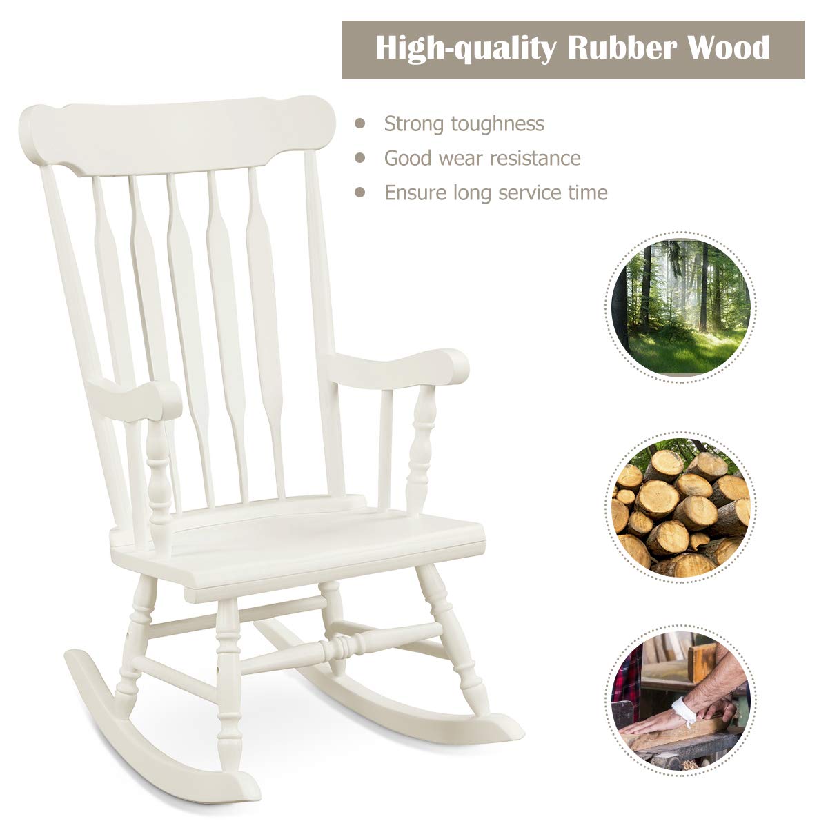 Giantex Outdoor Wood Rocking Chair - Patio Rocking Chair with Solid Rubber Wood Frame, Slat Back, Outside & Indoor Rocker for Garden, Poolside, Balcony, Backyard, Lawn, Front Porch Rocker, White Giantex