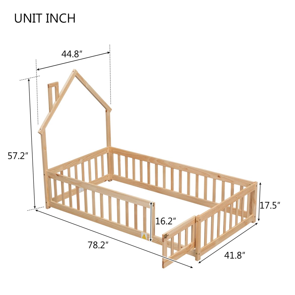 TURRIDU Twin Size Montessori House-Shaped Floor Bed with Fence & Door in Natural Wood TURRIDU