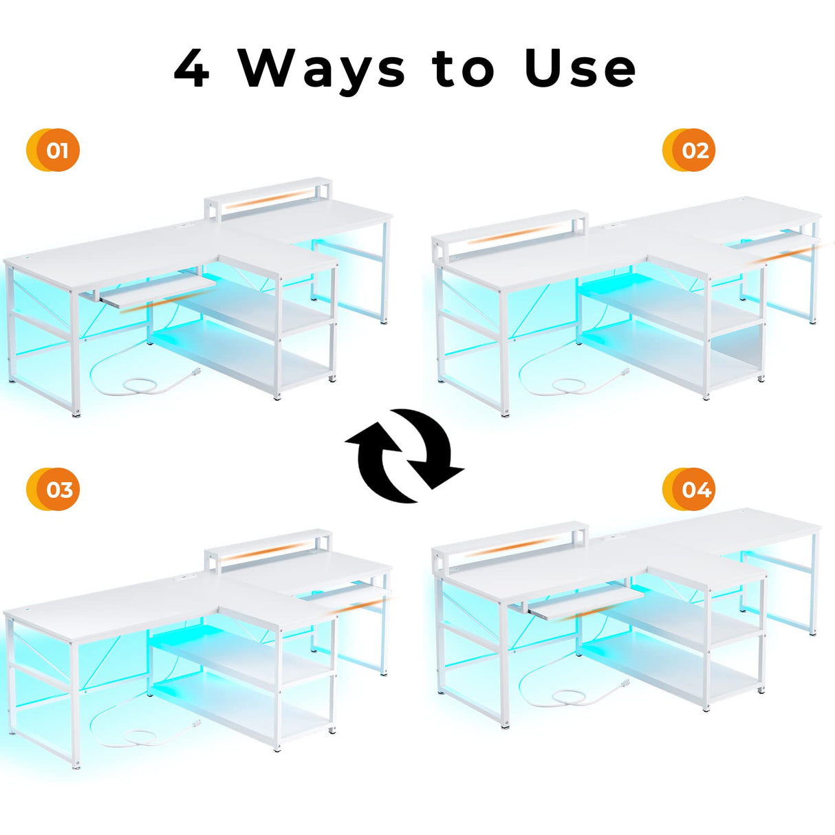 SEDETA 94.5" White Computer Desk, Two Person Gaming Desk with LED Light, Keyboard Tray, Power Strip with USB, Monitor Shelf & Storage, Extra Long Double Desk for Home Office, White. SEDETA