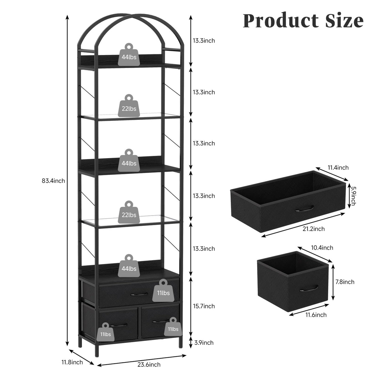 Turosur Arched Bookshelf with 3 Drawers & LED Lights, 83" Tall Narrow Bookcase with Open Shelves, 6 Tier Industrial Bookshelf for Living Room, Bedroom, Study, Black Turosur