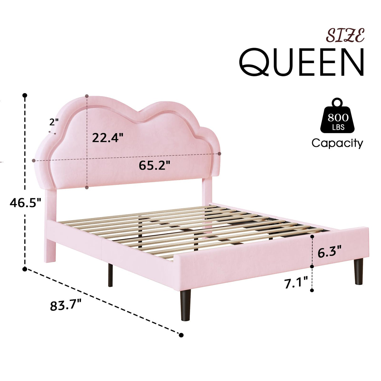 Jocisland LED Bed Frame Queen Size Velvet Upholstered Platform Bed with Adjustable Cloud Headboard, No Box Spring Needed, Easy Assembly, Pink Jocisland