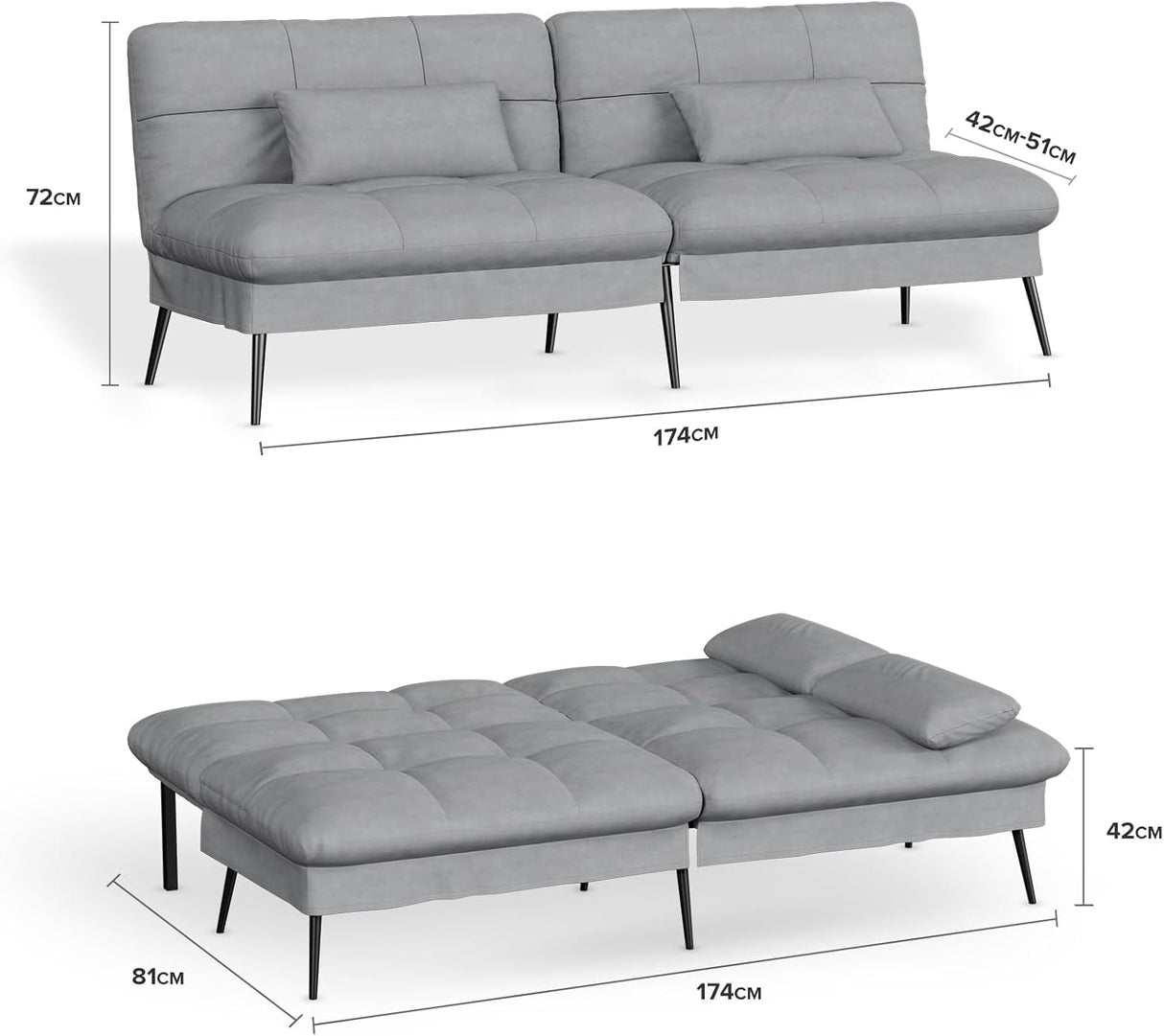 COMHOMA Convertible Sofa Bed,68″Fabric Couch with Adjustable Backrest,Loveseat Recliner Sleeper Living Room Furniture futon Set,Grey COMHOMA