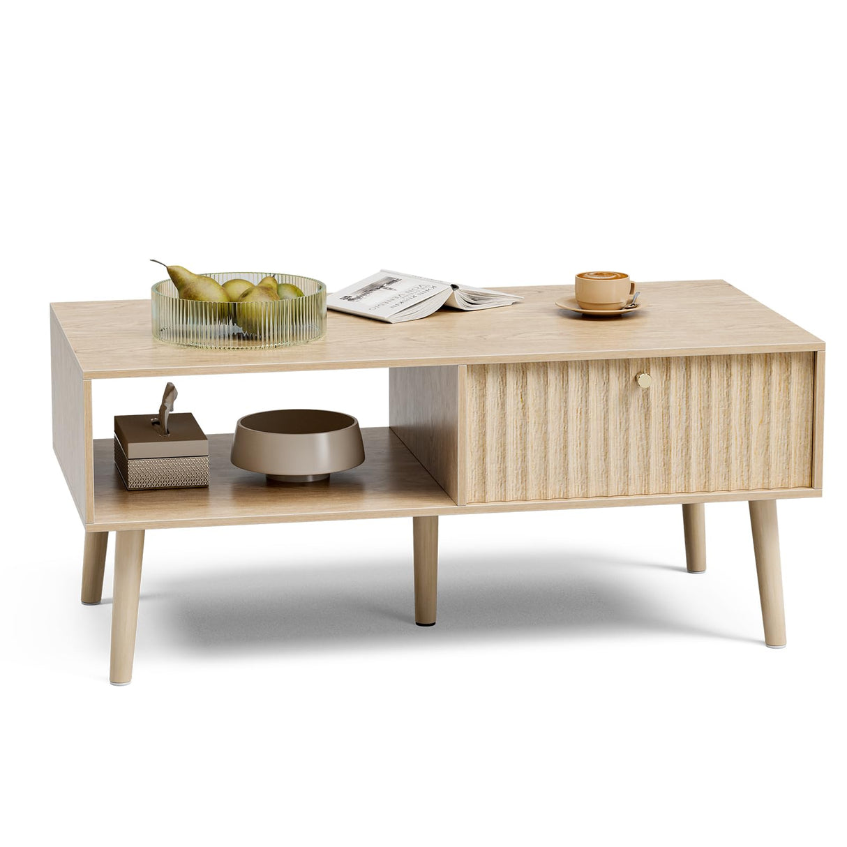 LCRBOL Coffee Table with Storage, Boho Dining Table with Fluted Drawer and Solid Wood Legs, Small Coffee Tables for Living Room, Oak