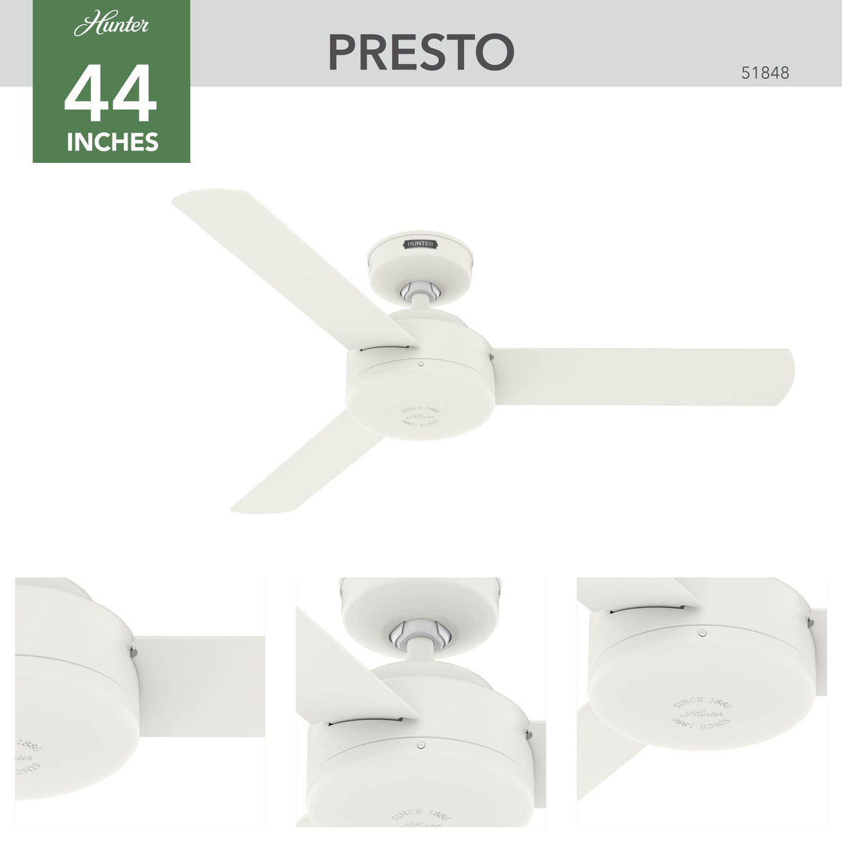 Hunter Fan Company 51848 Presto Ceiling Fan, Matte White, 10.09x44x44 Hunter