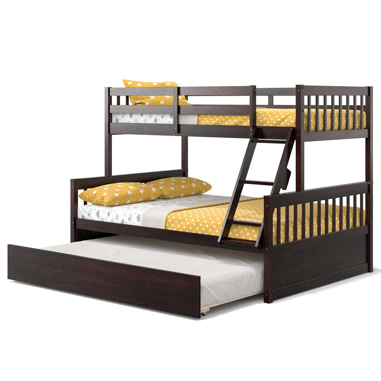 Giantex Twin Over Full Bunk Bed with Trundle, Convertible Platform Bed Frame with Ladder, Solid Wood Frame & Safety Guardrails, Space-Saving Bunk Bed for Teens & Kids, No Box Spring Needed, Espresso Giantex