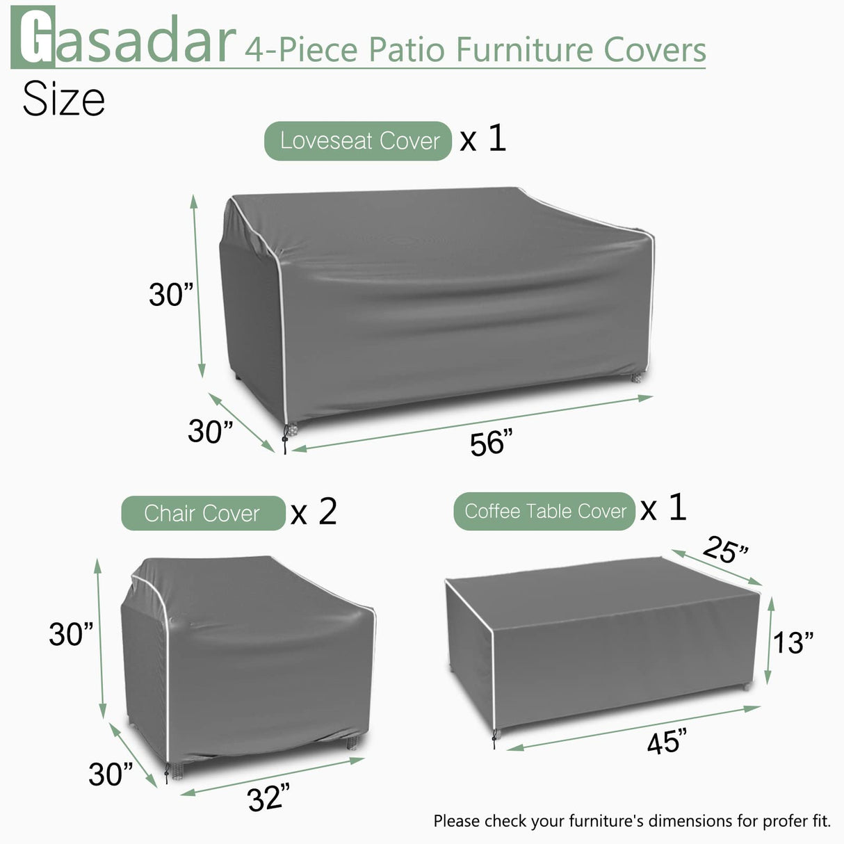 Gasadar Patio Furniture Covers, 4-Piece Outdoor Furniture Cover Waterproof for Patio Loveseat, Chair and Coffee Table, 600D Heavy Duty, Grey Gasadar
