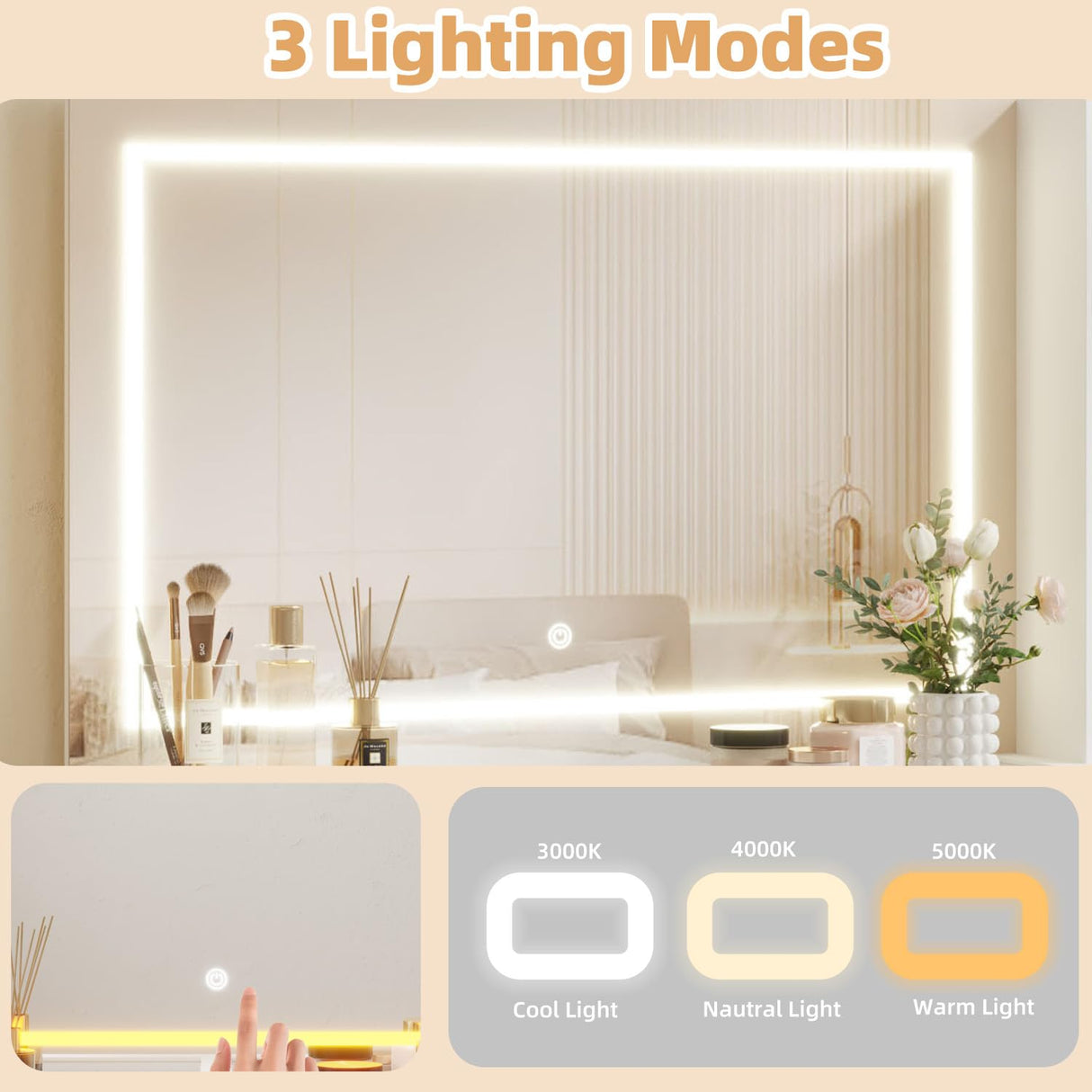 EROMMY 48" Fluted Makeup Vanity Desk with 36" Large Mirror and Lights, Big Vanity Table with 5 Drawers, 3 Storage Shelves and Charging Station, Modern Glass Top Dressing Table Set for Bedroom EROMMY