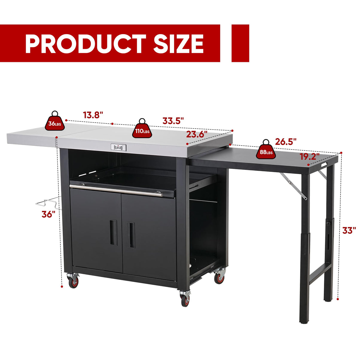 Grill Table,Outdoor Kitchen with Cabinet Outdoor Grill Table with 2 Foldable Side Tables Stainless Steel Top for Outdoor Kitchen Cabinets, Bar Cart, Movable Grill Cart with Pull-Out Plate, L74”x W24” Feasto