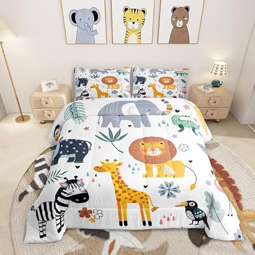 Feelyou Kids Zoo Animal Comforter Set Toddler Size Cute Wild Animals Bedding Set Cartoon Safari Wild Print Comforter for Boys Girls Children Teens Bedroom Decor Exotic Natural Theme Duvet Set Feelyou