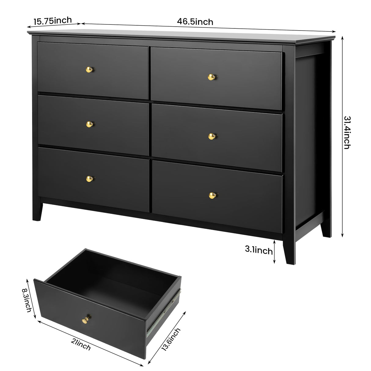 Dresser for Bedroom, 6 Drawer Dressers, Wood Dresser, Chests of Drawers for Entryway Closet Living Room Hallway Sturdy Wooden Top Easy Pull Handle,Black WoodArtSupply
