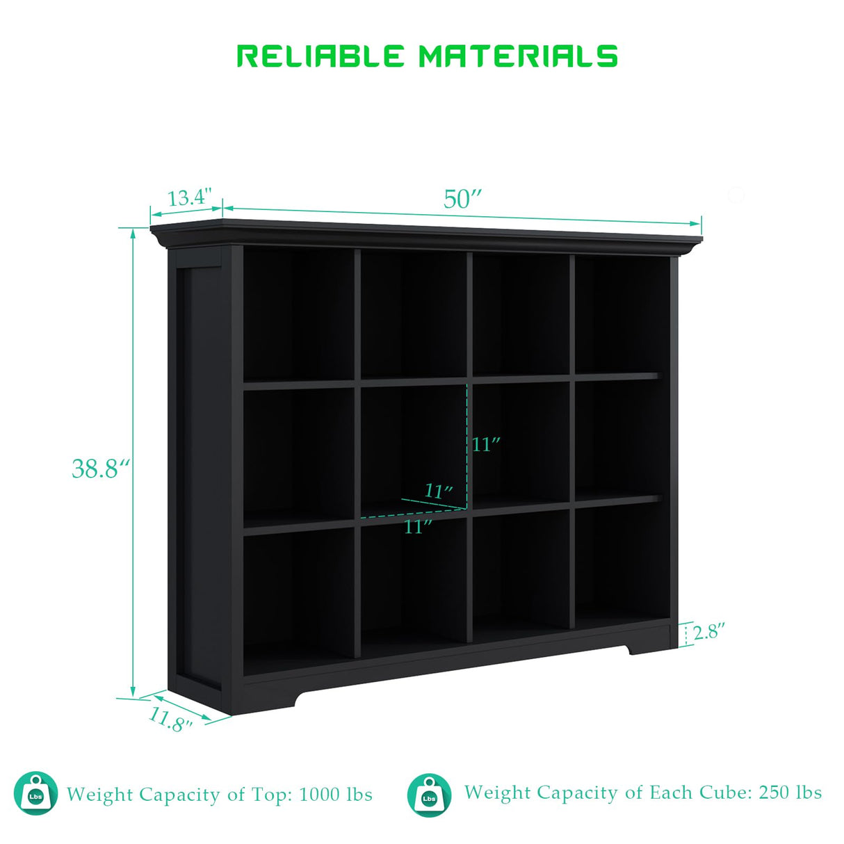 OSCHF Cube Storage Bookcase with Base - Wooden 3 Tiers Floor Standing Open Shelf Cabinet for Home and Office, 12-Cube Lattice Bookshelf, Black OSCHF