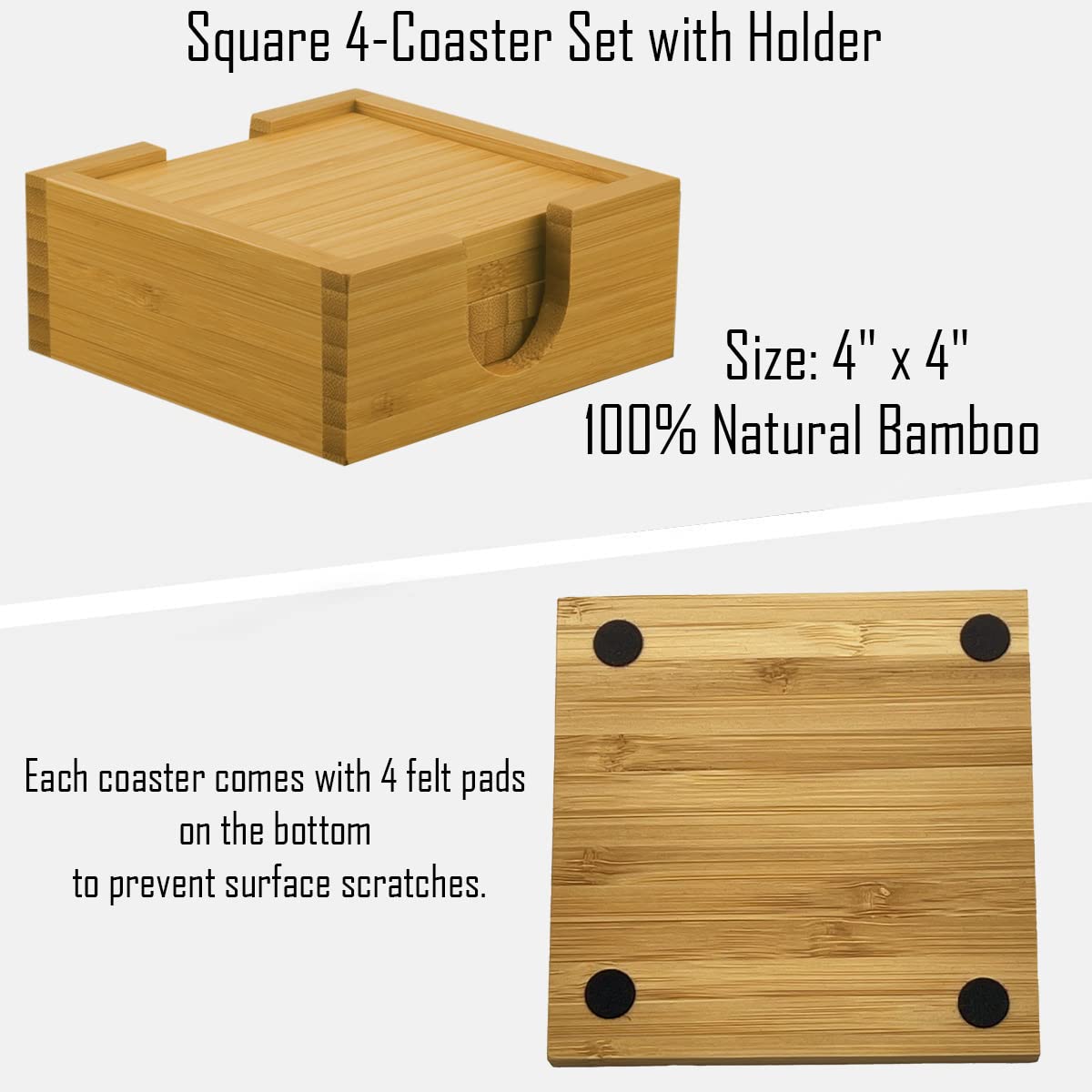 Customized Bamboo Square Coaster Set of 4 with Holder, Engraved Drink Custom Coasters – Wedding, Birthday, Anniversary, Dad, Mother, Corporate Gift JDS