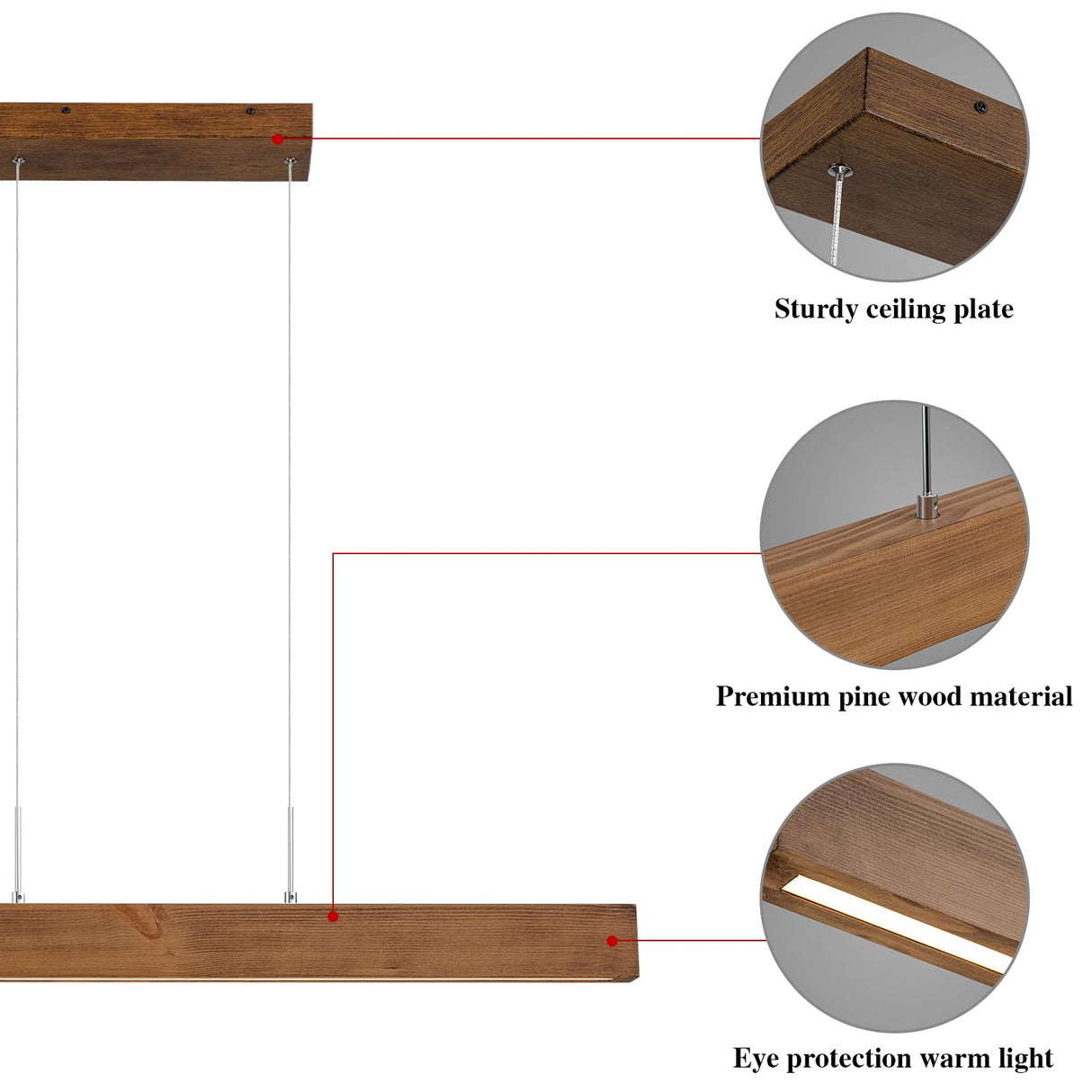 EDISLIVE Wood Linear LED Pendant Light Dimmable LED Chandelier 41.3 in Adjustable Linear Hanging Light Fixture 3000K 20W Island Light for Dinning Room Kitchen EDISLIVE