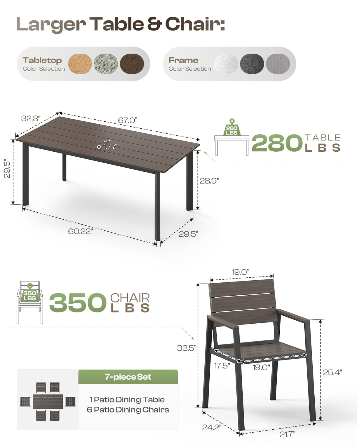 Oasbira Outdoor Patio Dining Table Sets 7-Piece Aluminum and HDPS All-Weather Table and Chairs with Umbrella Hole, Patio Modern Furniture Sets for Garden, Backyard (Charcoal) Oasbira