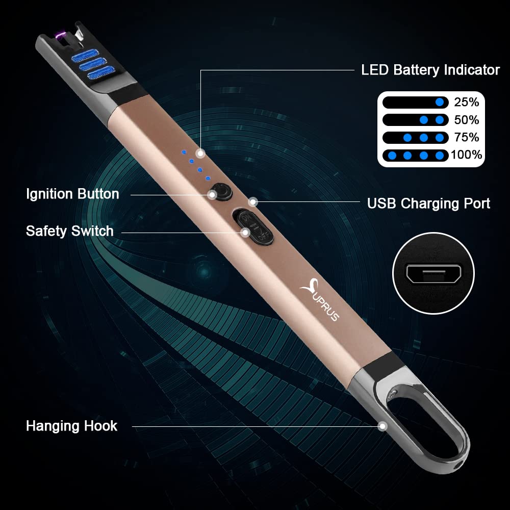 SUPRUS Candle Lighter Electric Arc Lighter Windproof Flameless USB Rechargeable Lighter with LED Light for Candle Camping BBQ Cooking (Champagne Gold) SUPRUS
