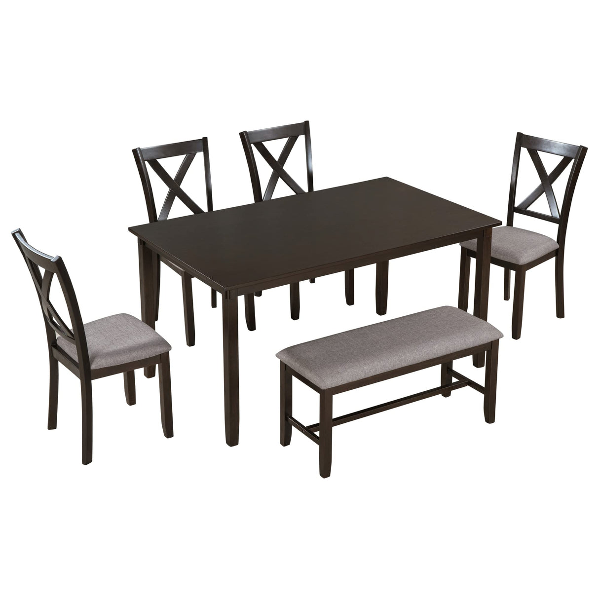 Merax 6-Piece Wooden Kitchen Dining Table Set with 4 Fabric Chairs and Bench, Family Furniture, Espresso Merax