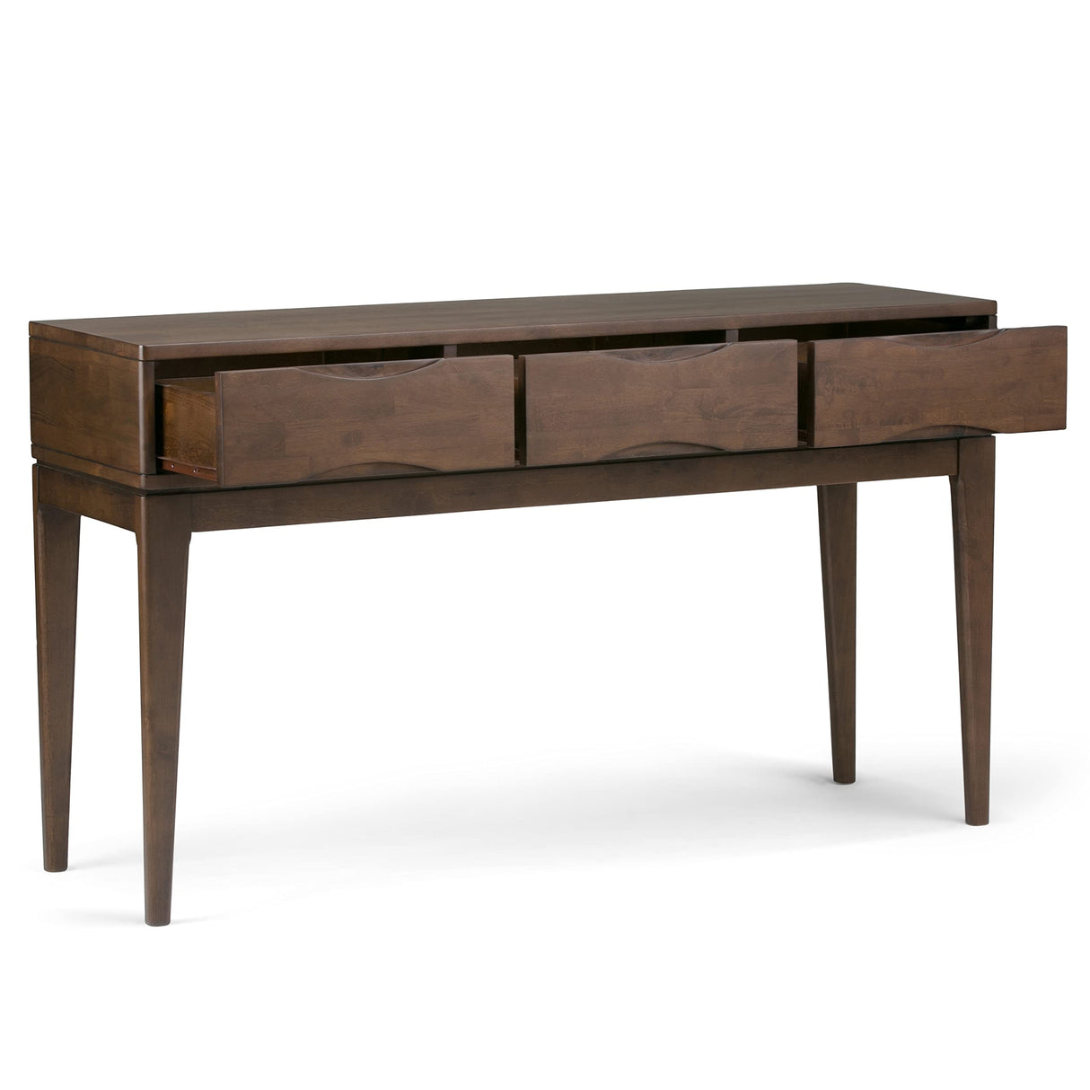 SIMPLIHOME Harper SOLID WOOD 54 inch Wide Mid Century Modern Console Sofa Entryway Table in Walnut Brown with Storage, 3 Drawers , for the Living Room, Entryway and Bedroom SIMPLIHOME