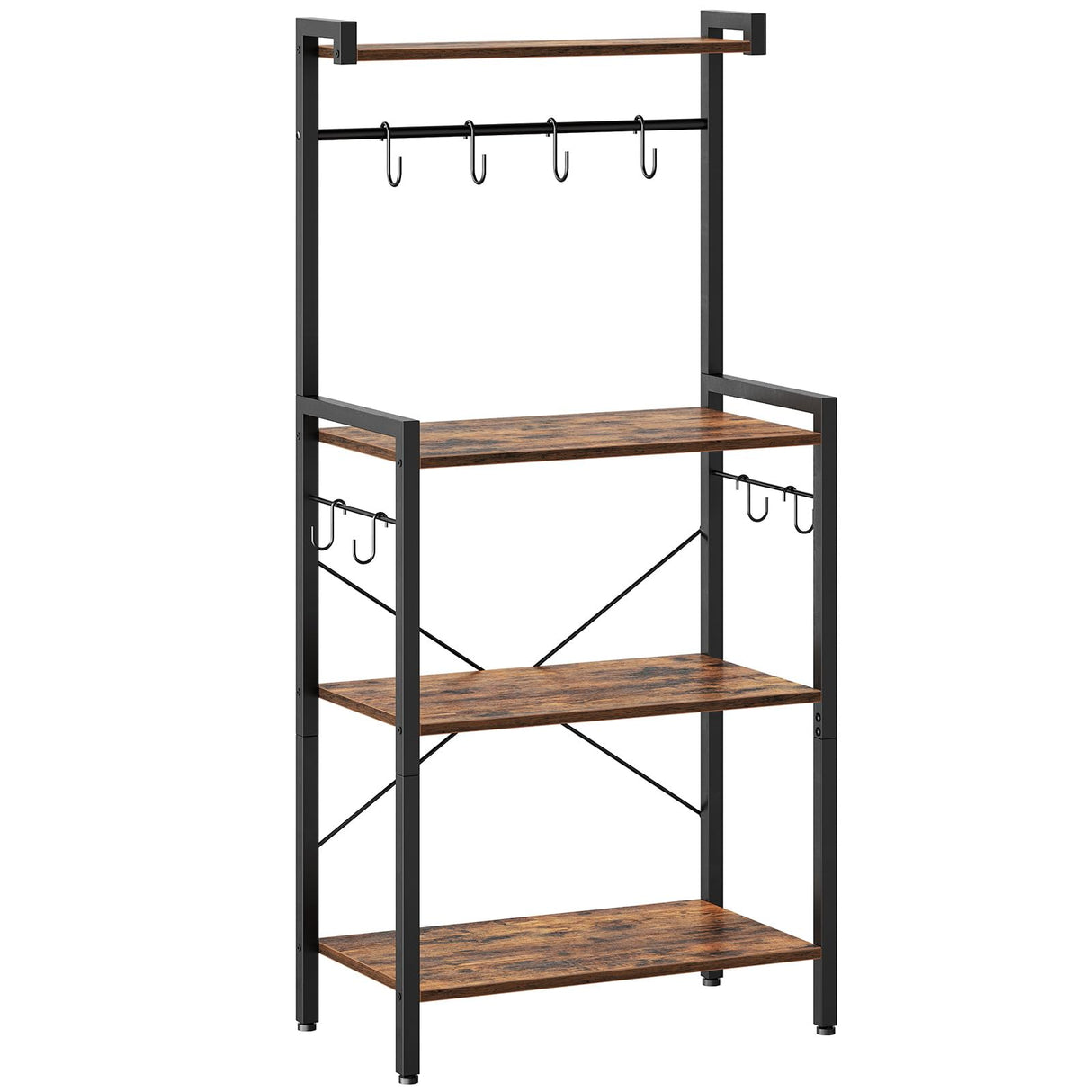 HOOBRO Rustic Brown 4-Tier Multifunctional Baker's Rack with Storage & Hooks for Kitchen and Living Spaces HOOBRO
