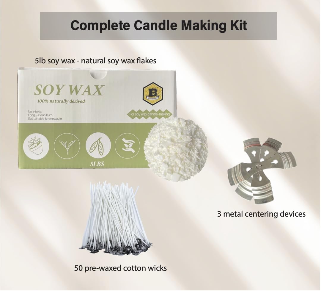 Beesworks Soy Wax | 5lbs Natural Soy Wax Flakes | 100 6-Inch Cotton Candle Wicks, 3 Metal Centering Devices, 5lbs Soy Wax for DIY Candle Making BEESWORKS