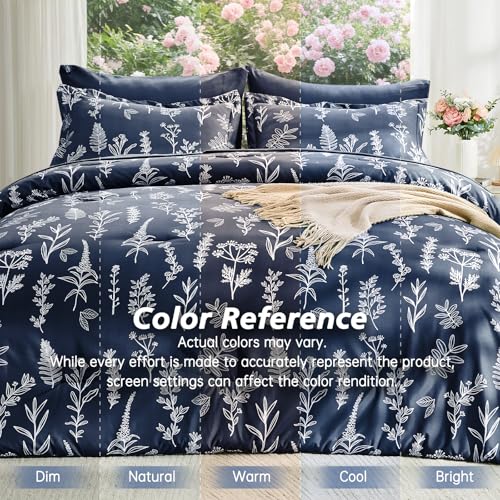 MUXHOMO Navy Blue Bed in a Bag Queen 7 Pieces, Queen Comforter Set Reversible Botanical Flowers Design, Ultra Soft & Breathable Bedding Sets with Comforter, Sheets, Pillowcases & Shams MUXHOMO