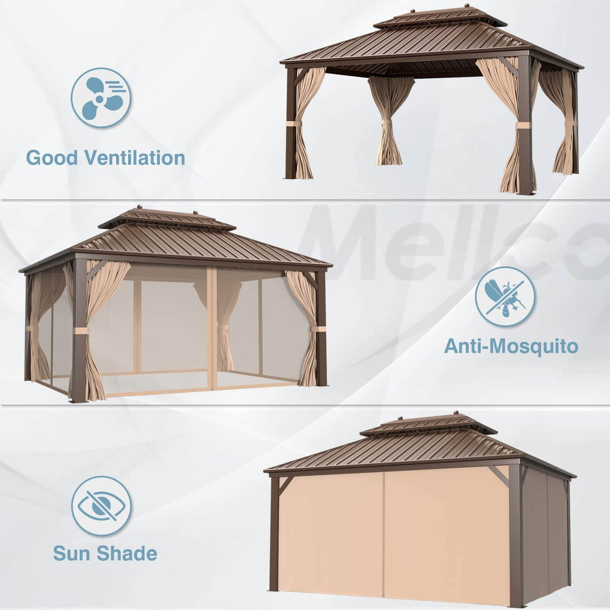 MELLCOM 10' x 13' Hardtop Aluminum Gazebo, Galvanized Steel Double Roof Metal Gazebo with Aluminum Frame, Brown Permanent Patio Gazebo with Curtains and Netting for Patios, Gardens, Lawns MELLCOM