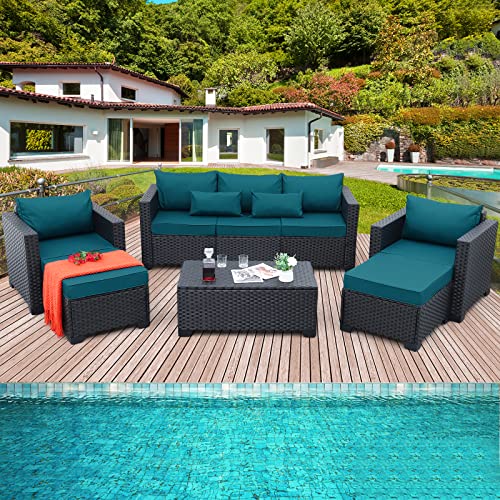 Rattaner Patio Furniture Set 6 Pieces Couch Outdoor Chairs Coffee Table Peacock Blue Anti-Slip Cushions and Waterproof Covers Rattaner
