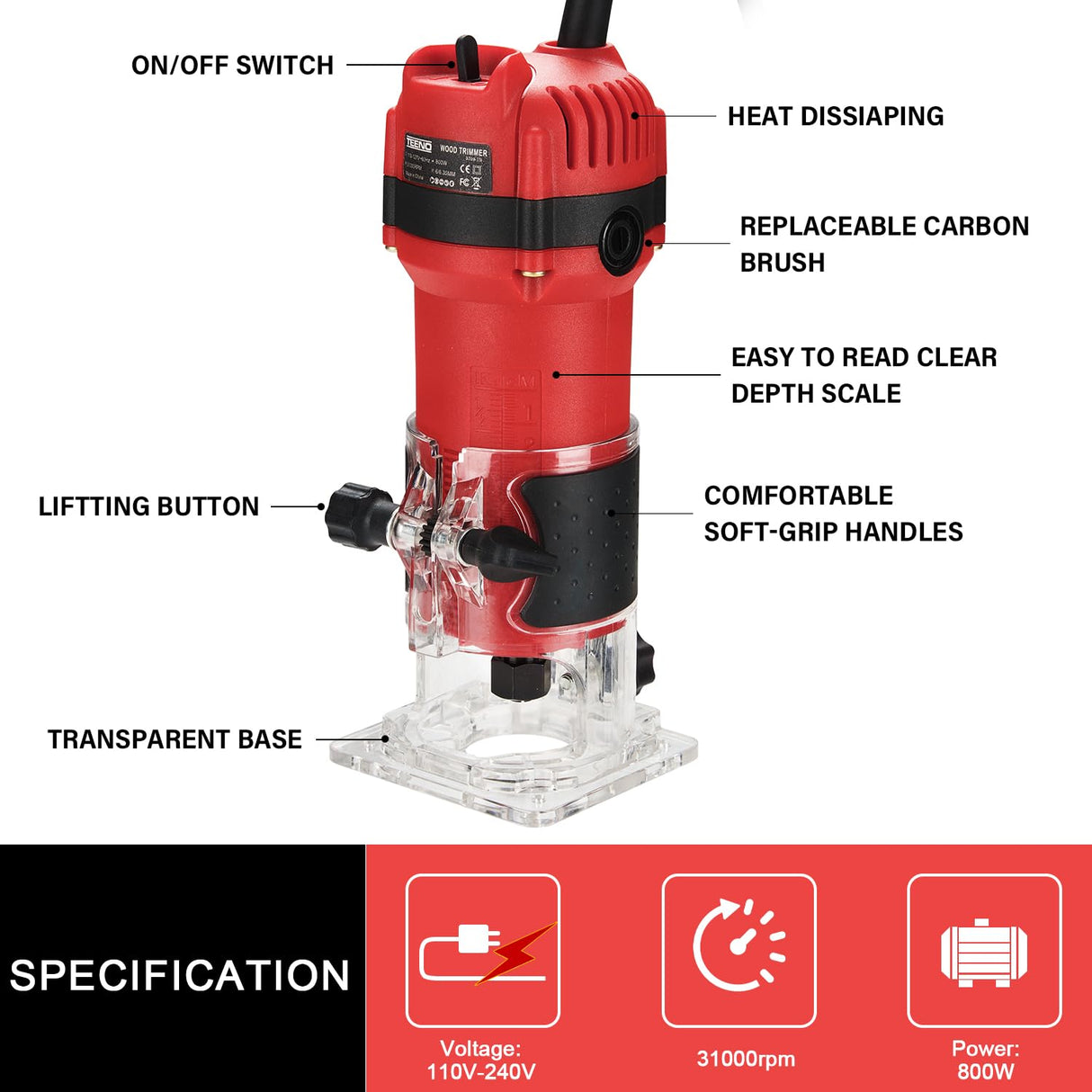 TEENO Wood Router, 800W Compact Router Tools for Woodworking, 31000 RPM Hand Trim Router with 15 Pcs 1/4" Router Bits Set, Edge Guide, Roller Guide TEENO